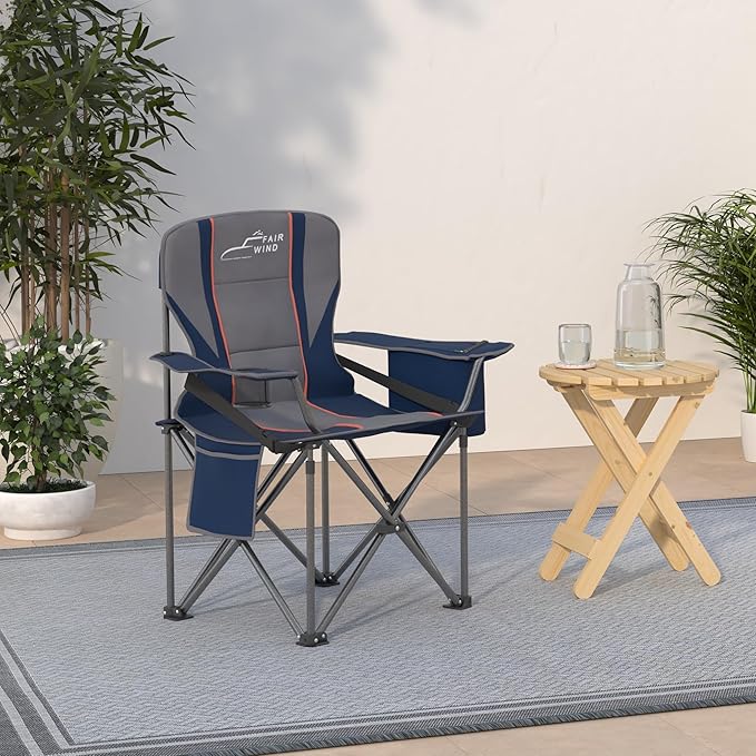 FAIR WIND Oversized Fully Padded Camping Chair with Lumbar Support, Heavy Duty Quad Fold Arm Chair