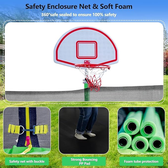 Upgraded 16FT 15FT 14FT 12FT 10FT 8FT Trampoline Outdoor with Basketball Hoop and Net, Capacity for