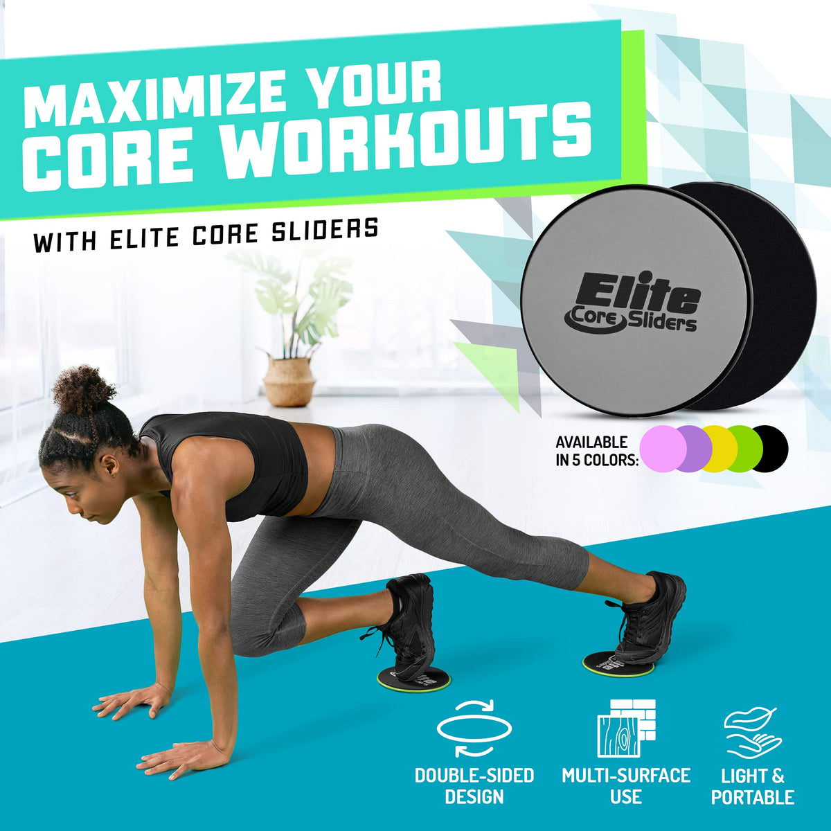 Elite Sportz Core Sliders For Working Out | Dual Sided Home Core Workout Equipment For Carpet &