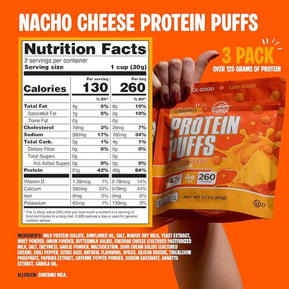 Twin Peaks Low Carb, Keto Friendly Protein Puffs, (Nacho Cheese), 2 Servings, 3 Pack (60g, 42g
