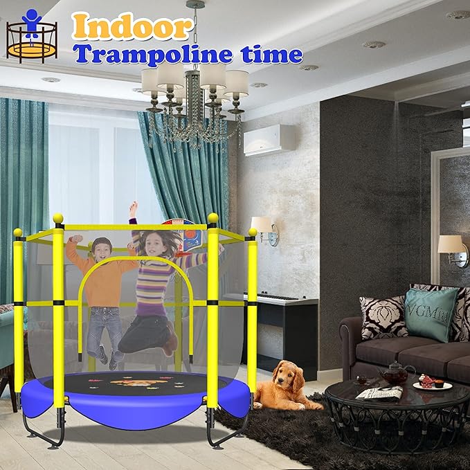 60" Trampoline for Kids, 5 FT Indoor & Outdoor Toddler Baby Trampoline with Basketball Hoop, Safety