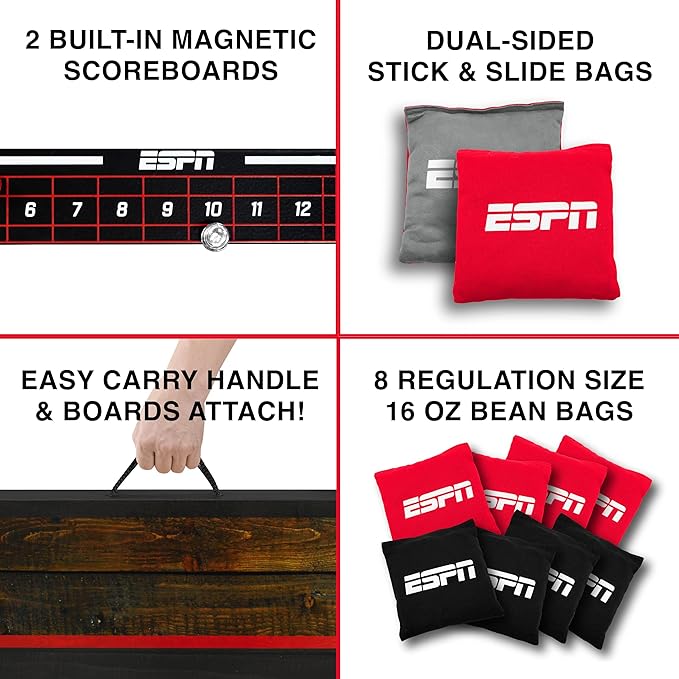 ESPN Cornhole Board Set Includes Bean Bags and Travel Case, Ideal for Kids Games, Family Games, and