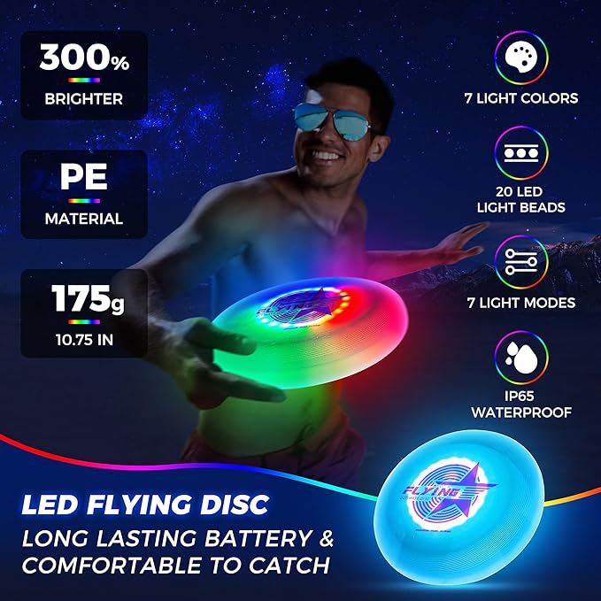 Glow in The Dark LED Flying Disc - 7 Dynamic Modes, 7 Colors, IP65 Waterproof, Perfect Birthday &