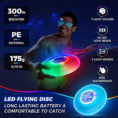Glow in The Dark LED Flying Disc - 7 Dynamic Modes, 7 Colors, IP65 Waterproof, Perfect Birthday &