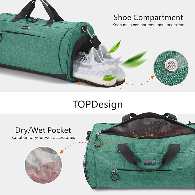 TOPDesign Gym Bag for Women & Men, Unisex Duffel Bag with Shoe Compartment & Wet Pocket for Travel