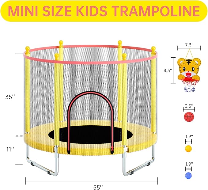 55" Trampoline for Kids, Telawah Indoor/Outdoor Mini Baby with Safety Enclosure Net, Adjustable