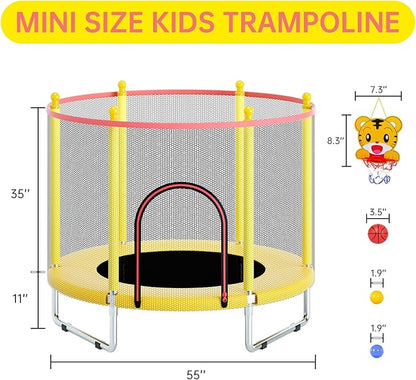 55" Trampoline for Kids, Telawah Indoor/Outdoor Mini Baby with Safety Enclosure Net, Adjustable