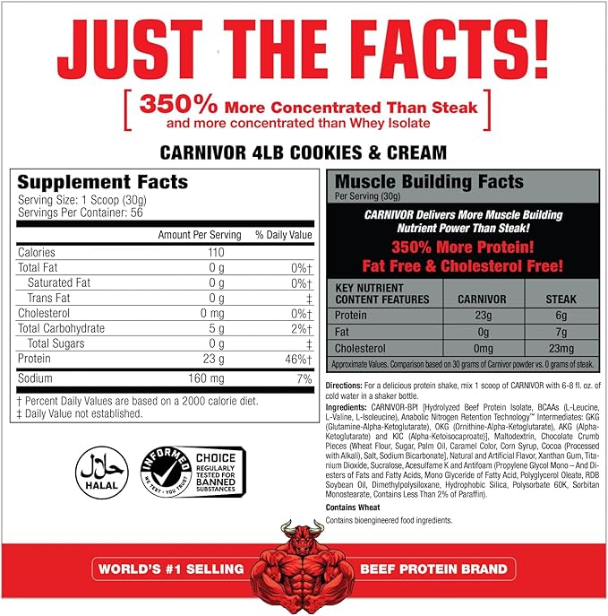 MuscleMeds Carnivor Beef Protein Isolate Powder, Cookies & Cream, 56 Servings, 1680 Gram, 59.2