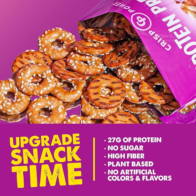 Crisp Power Protein Pretzels, Sesame, High Protein Vegan Keto Snack, 27 G Plant Based Protein, Low