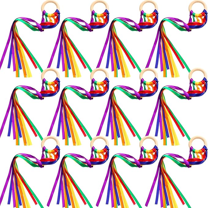 12 Pcs Rainbow Ribbon Wooden Waldorf Toys Creative Waldorf Hand Kite Set Streamers with Wood Ring