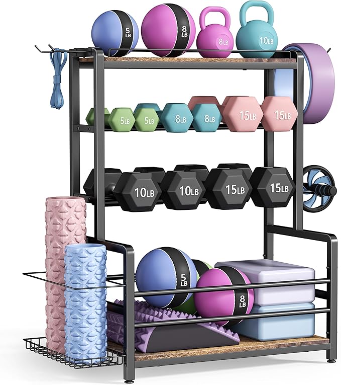 Gym Home Equipment Weight Rack – 3‑Tier Workout Storage Stand for Dumbbells & Kettlebells, Medicine