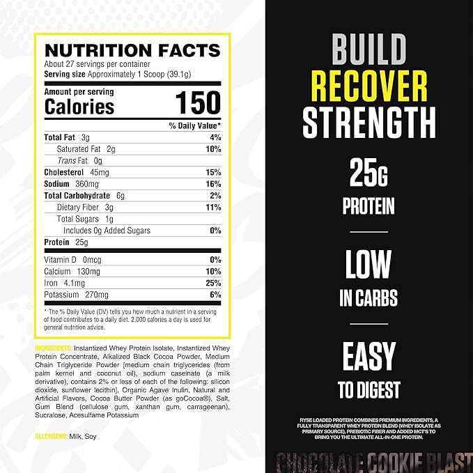 RYSE Loaded Protein Powder - Chocolate Cookie Blast - 25g Whey Protein Isolate & Concentrate with