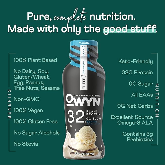 OWYN Only What You Need Pro Elite Vegan Plant Based High Protein Shake, Vanilla, 12 Pack, 32g