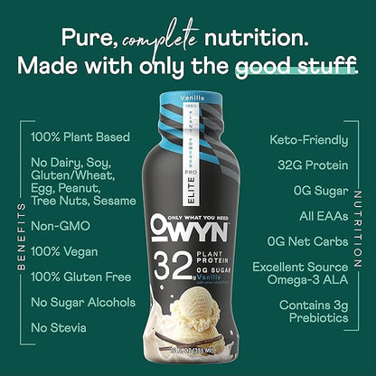 OWYN Only What You Need Pro Elite Vegan Plant Based High Protein Shake, Vanilla, 12 Pack, 32g