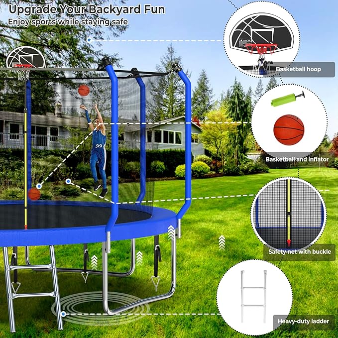 Upgraded Trampoline 8FT/10FT/12FT/14FT With Basketball Hoop, Light, Sprinkler, Stakes - Outdoor