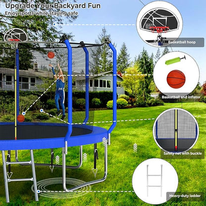Upgraded Trampoline 8FT/10FT/12FT/14FT With Basketball Hoop, Light, Sprinkler, Stakes - Outdoor