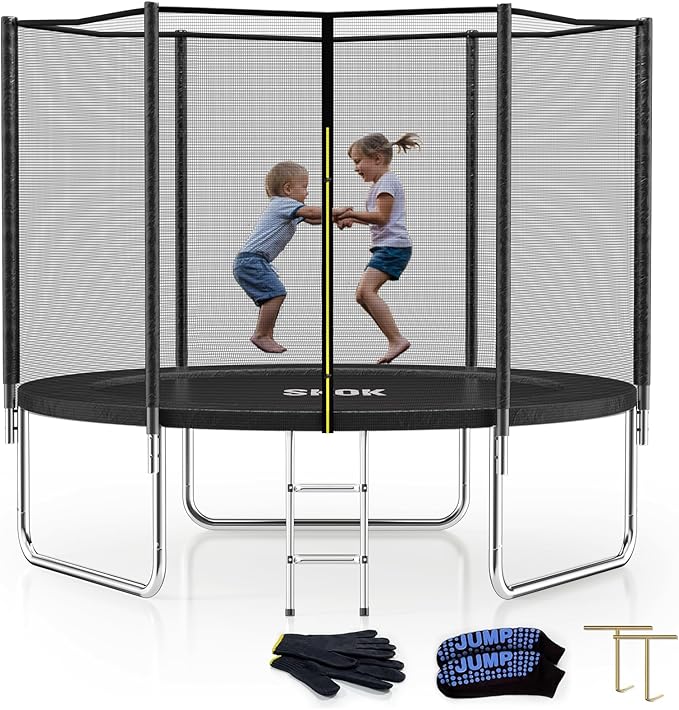 SKOK Trampoline 8FT 10FT 12FT 14FT 15FT Trampolines with Enclosure Net, 400LBS Outdoor Trampolines