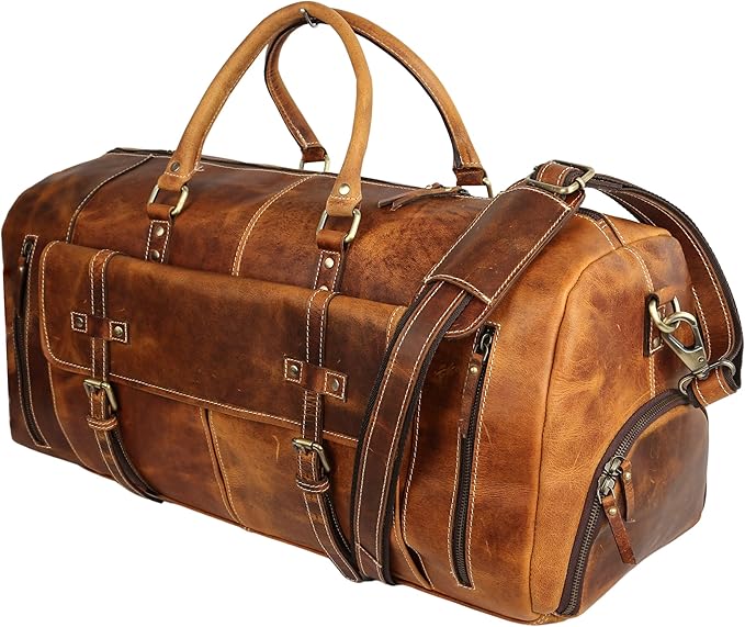 KomalC 24 Inch Leather Duffel Bags for Men and Women Full Grain Leather Travel Overnight Weekend