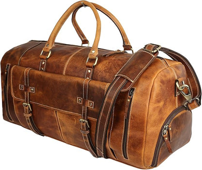 KomalC 24 Inch Leather Duffel Bags for Men and Women Full Grain Leather Travel Overnight Weekend