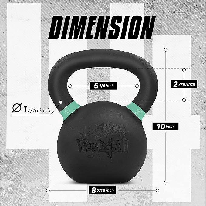 Yes4All Kettlebell, Heavy Duty Powder Coated Cast Iron Kettlebells, Non-Slip Handle & Flat Bottom