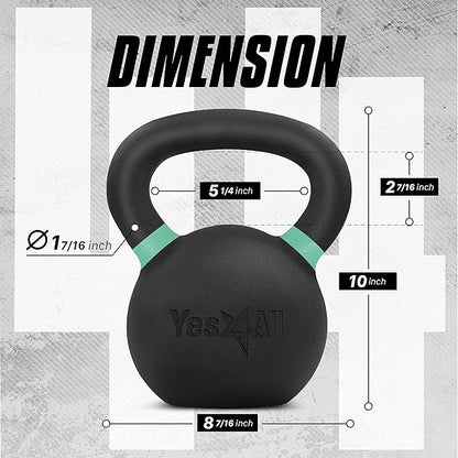 Yes4All Kettlebell, Heavy Duty Powder Coated Cast Iron Kettlebells, Non-Slip Handle & Flat Bottom