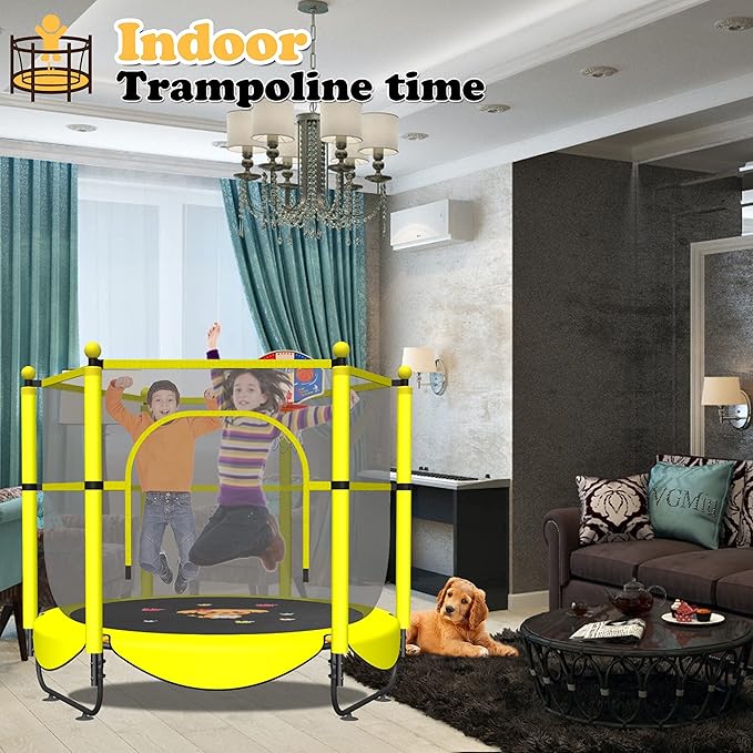 60" Trampoline for Kids, 5 FT Indoor & Outdoor Toddler Baby Trampoline with Basketball Hoop, Safety