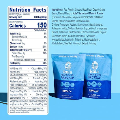 Koia Plant Based Protein Powder, Vanilla, 20g Protein, 3g Sugar, 6g Prebiotic Fiber, Pre & Post