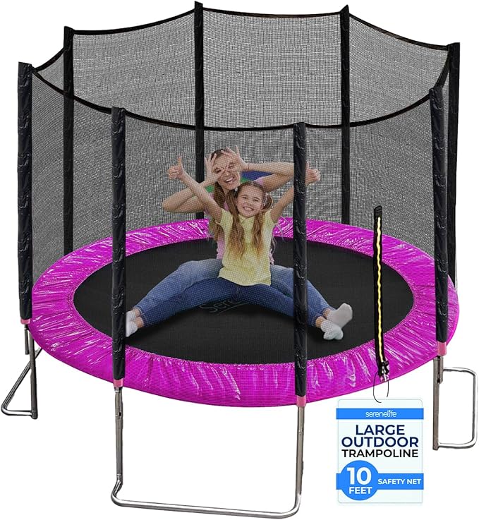 SereneLife 10ft Outdoor Trampoline with Safety Net Enclosure - Large Backyard Trampoline for Kids