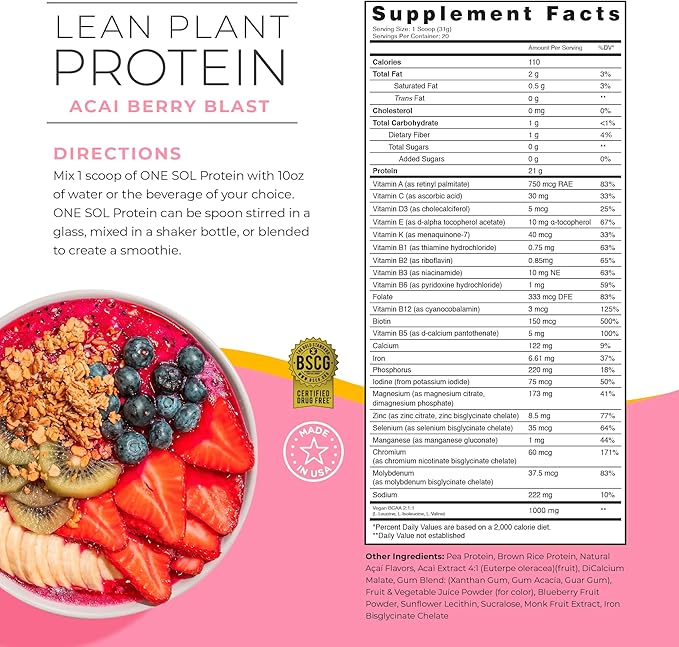 One Sol Lean Plant-Based Protein Powder, Pea & Brown Rice Protein, Low Carb, Vegan Friendly