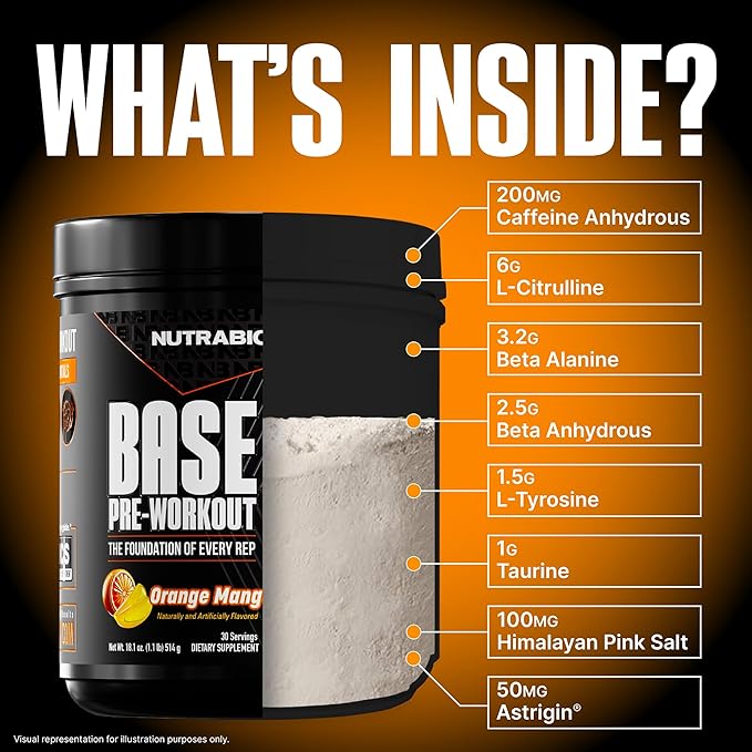 NutraBio Base Pre-Workout Powder 200mg Caffeine, Sustained Energy, Focus, Endurance, Pump, Sugar