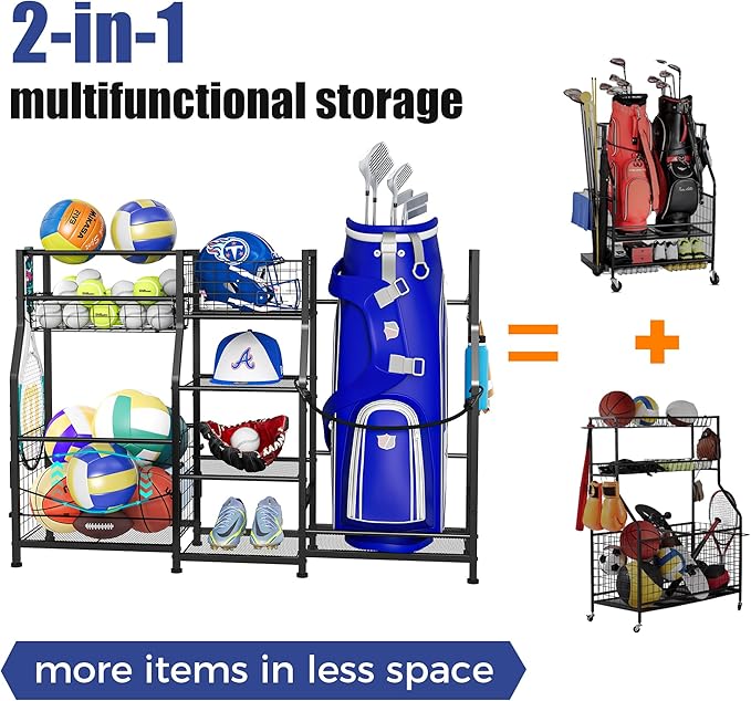 Sports Equipment Organizer Golf Bag Stand Golf Storage Organizer for Garage with Basket and Hooks
