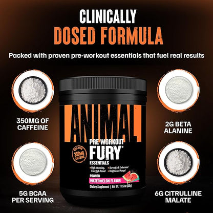Animal Fury Pre Workout Powder - Watermelon, 350mg Caffeine, BCAA Amino Acids, 2g Beta Alanine