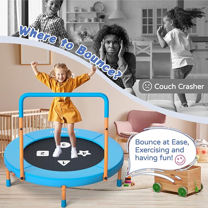 3FT Toddler Trampoline with Adjustable Handlebar, 36" Foldable & Spring-Free, Mini Kids Indoor