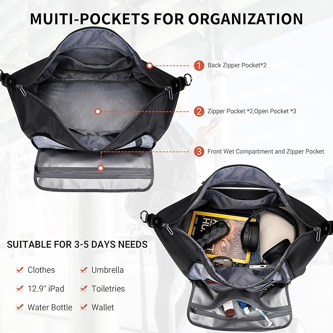 WITZMAN Travel Duffle Bags for Men Weekender Bags with Toiletry Bag Sets Carry On Overnight Bag 55L