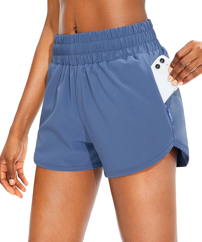 SANTINY Women's Running Shorts with Zip Pockets High Waisted Athletic Workout Gym Shorts for Women