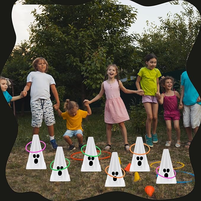 24 PcsHalloween Ring Toss Game Outdoor Carnival Party Games Include 6 Plastic Cones 18 Toss Rings
