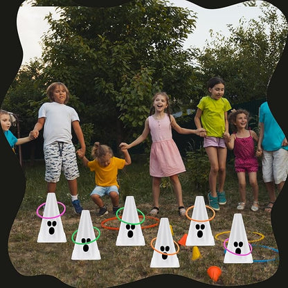 24 PcsHalloween Ring Toss Game Outdoor Carnival Party Games Include 6 Plastic Cones 18 Toss Rings