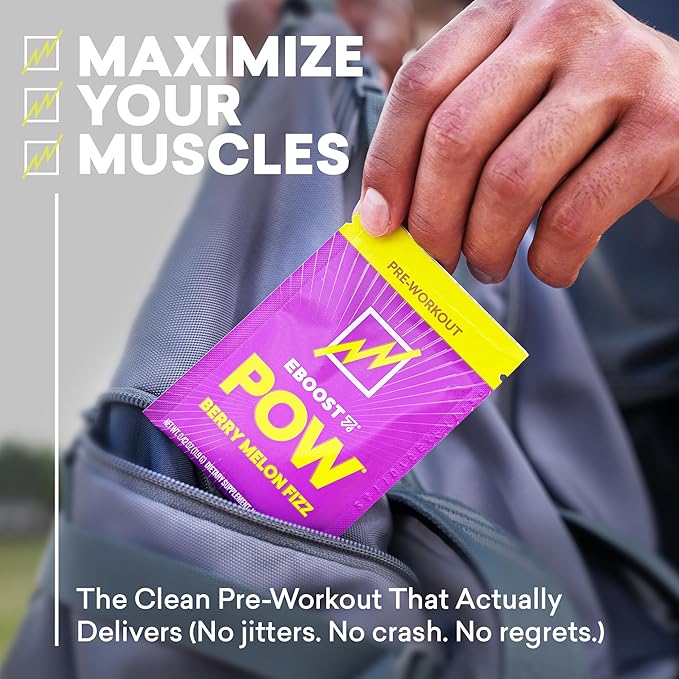 EBOOST POW Natural Pre Workout Powder - 15 Packets, Berry Melon Fizz - Preworkout Energy Booster