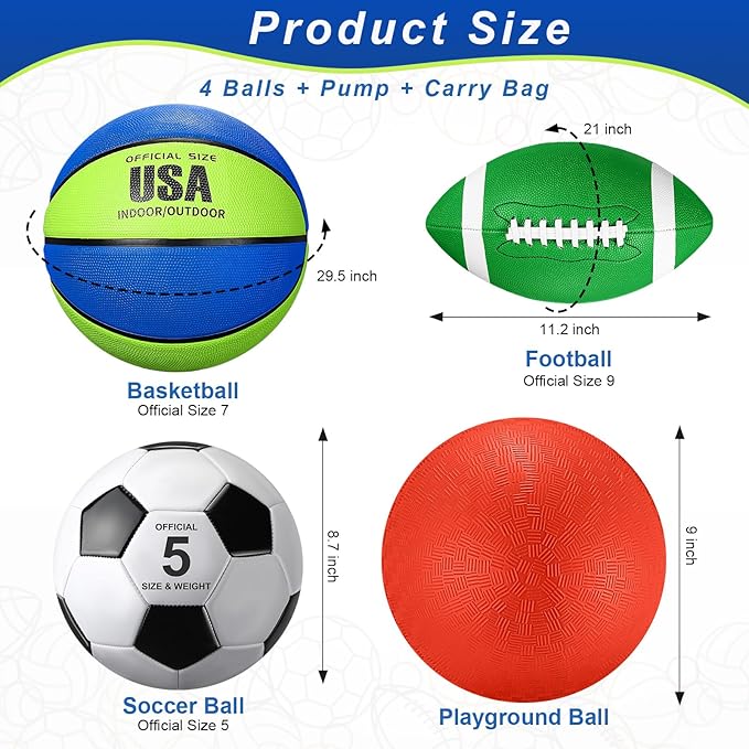 Lenwen 4 Pcs Sports Balls Set, Include Official Size Basketball Soccer Football Playground Ball