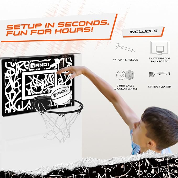 AND1 Over the Door Mini Basketball Hoop: 18x12 Shatterproof Backboard, 2 Mini Basketballs, and Hand