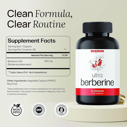 Ultra Berberine Supplement Capsules 600mg (1200mg to 1800mg Daily) – Pure Berberine HCL Supplement