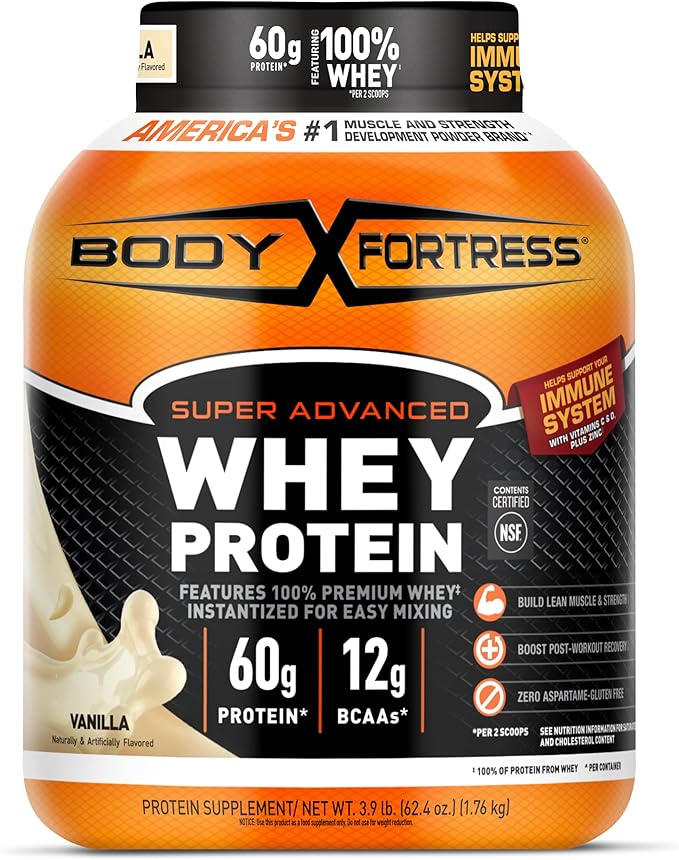 Body Fortress Super Advanced Whey Protein Powder, Vanilla, Immune Support (1), Vitamins C & D Plus