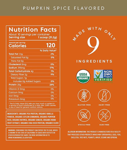 Truvani Vegan Pea Protein Powder | Pumpkin Spice | 20g Organic Plant Based Protein | 10 Servings |