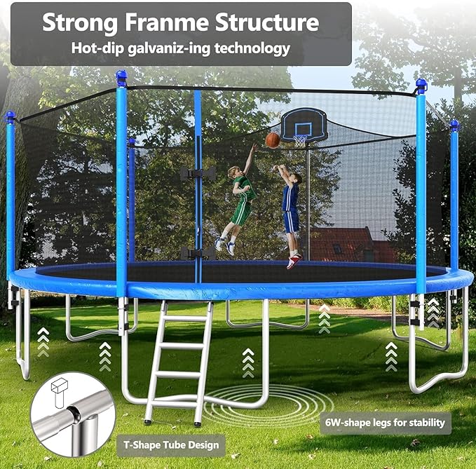 Upgraded 10/12/14/15/16FT Trampoline Outdoor, Large Kids Trampoline with Light, Stakes, Sprinkler