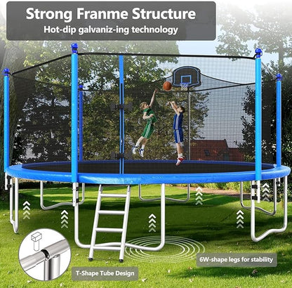 Upgraded 10/12/14/15/16FT Trampoline Outdoor, Large Kids Trampoline with Light, Stakes, Sprinkler