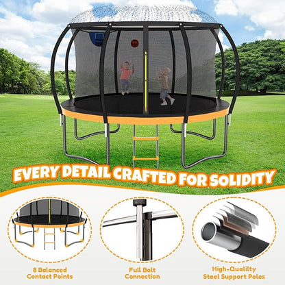 14FT & 16FT Trampoline for Kids & Adults, Big Round Trampoline with Basketball Hoop, Sprinkler &