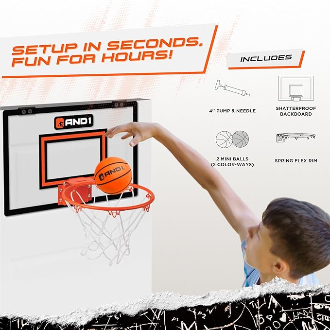 AND1 Over the Door Mini Basketball Hoop: 18x12 Shatterproof Backboard, 2 Mini Basketballs, and Hand