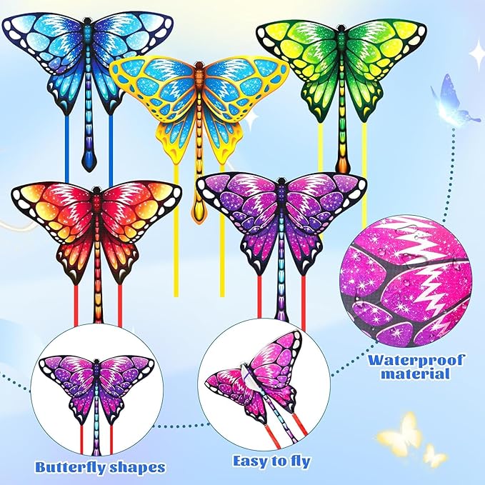 5 Pack Kites for Kids & Adults, Rainbow Butterfly Kite Delta Kites for Kids Age 4-8 8-12, Easy to