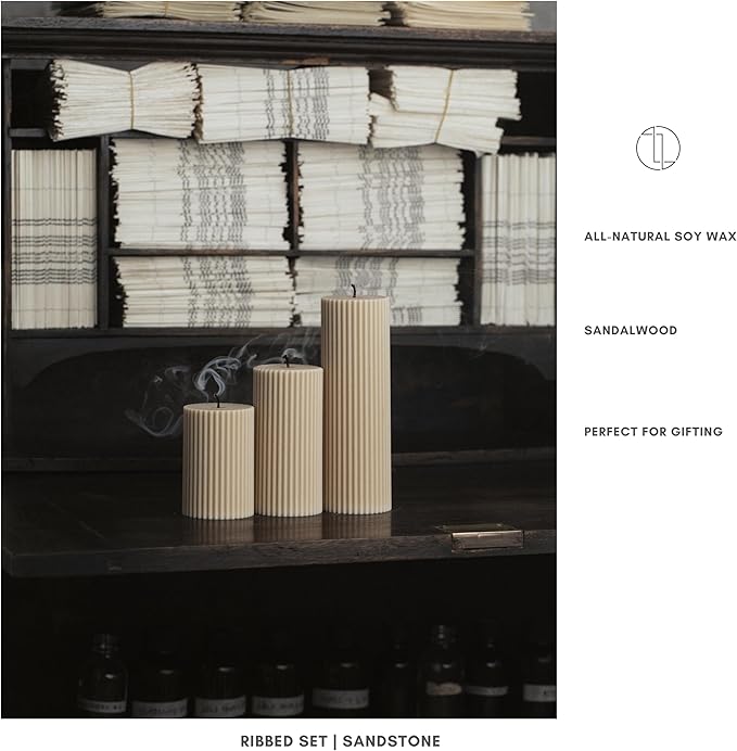 LAWA Roman Handmade Tall Ribbed Pillar Candle - Beautiful Scented Soy Wax Dinner Candle | Classic