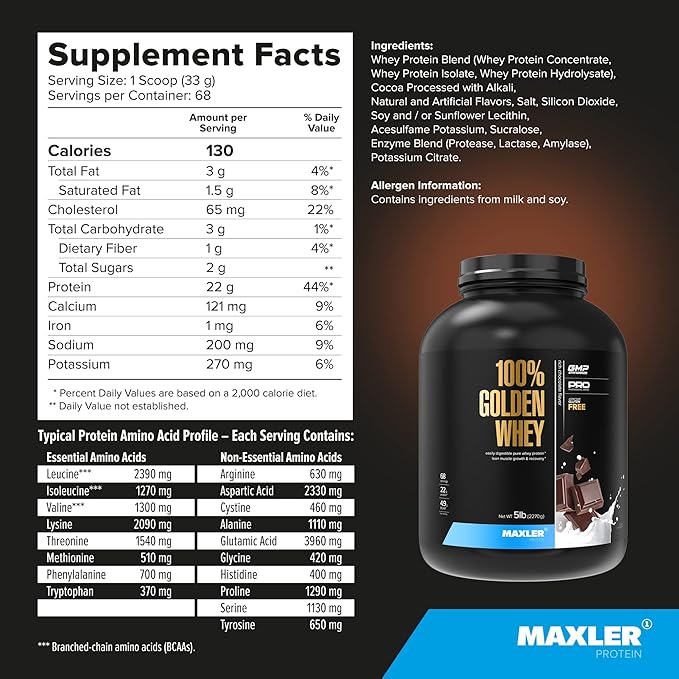 Maxler 100% Golden Whey - 22g of Protein per Serving - High Protein, Low Fat, Low Carb, Complete